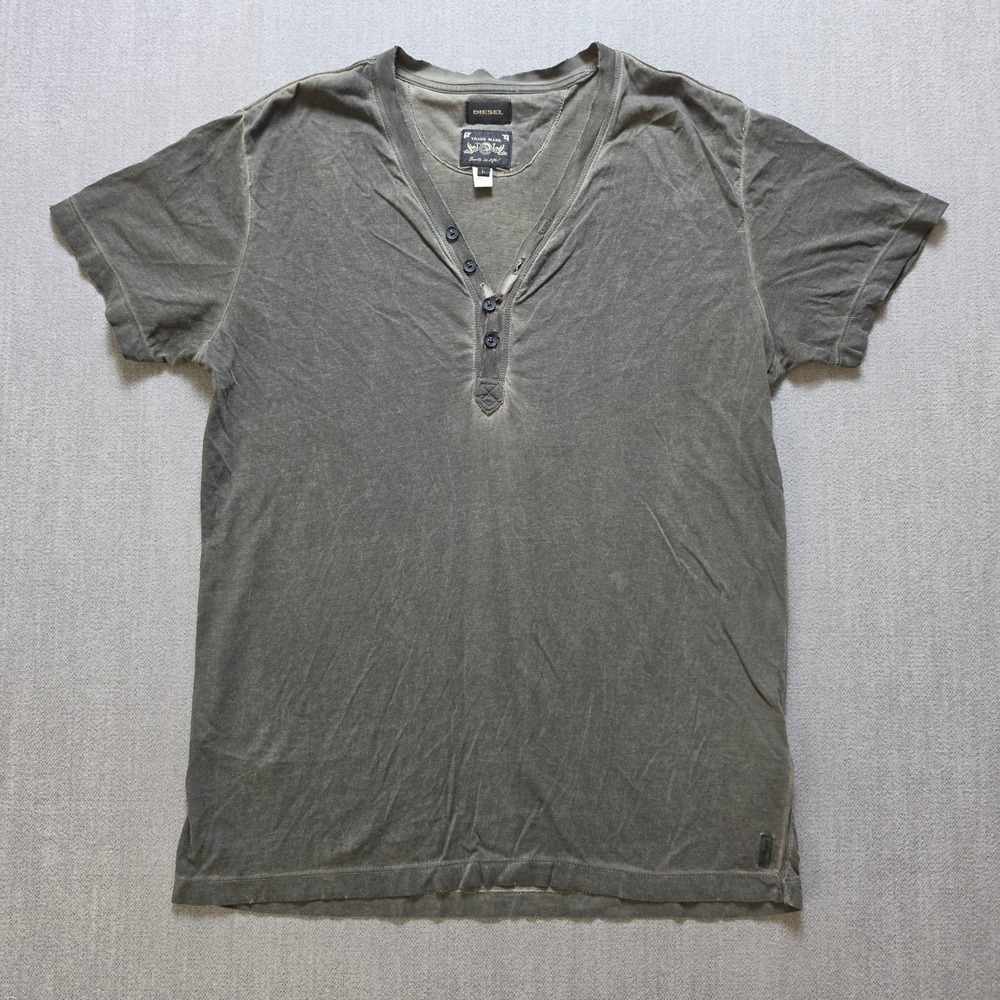 Diesel Henley Shirt Mens Large Gray Short Sleeve Faded Distressed V-Neck Cotton